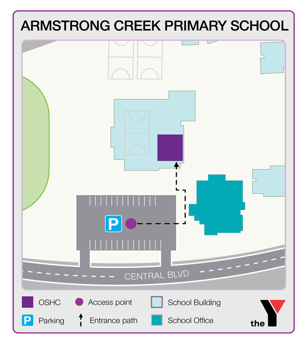 Map showing entrance and directions to Armstrong Creek Primary Outside School Hours Care for parents to drop off and pick up kids