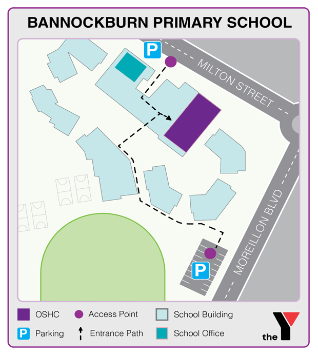 Map showing entrance and directions to Bannockburn Primary Outside School Hours Care for parents to drop off and pick up kids