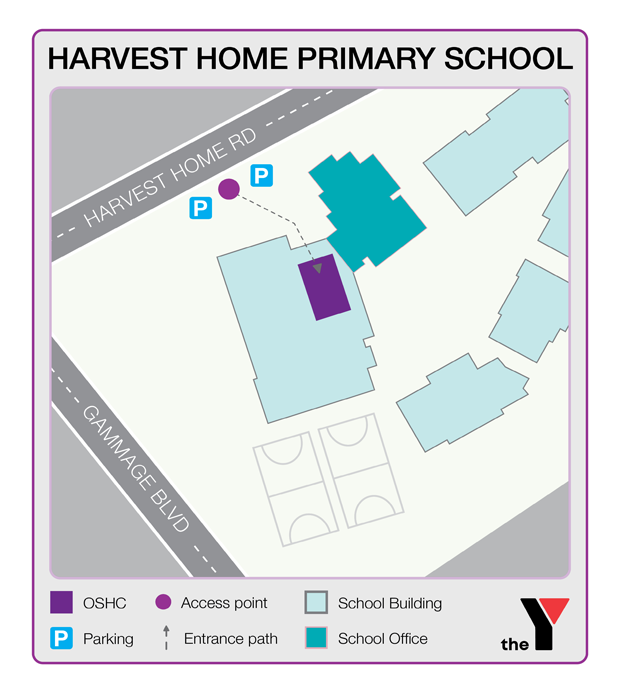 Map showing entrance and directions to Harvest Home Primary Outside School Hours Care for parents to drop off and pick up kids