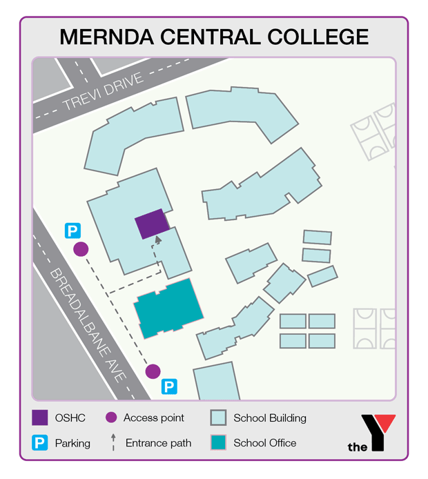 Map showing entrance and directions to Mernda Central College North Primary School Outside School Hours Care for parents to drop off and pick up kids