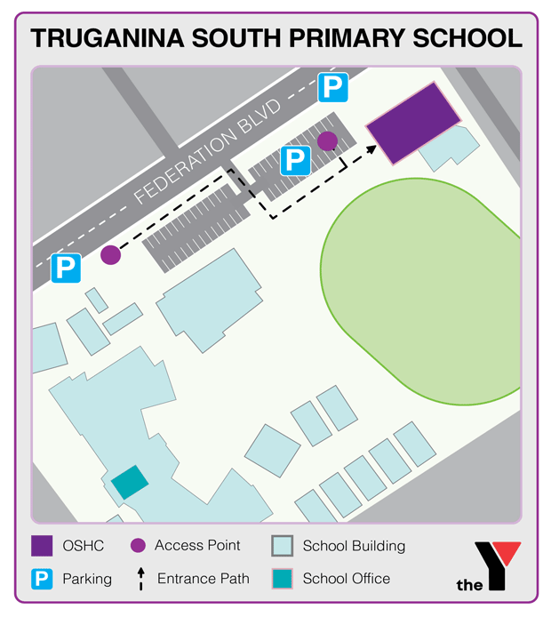 Map showing entrance and directions to Truganina South Primary Outside School Hours Care where parents go to drop off and pick up kids